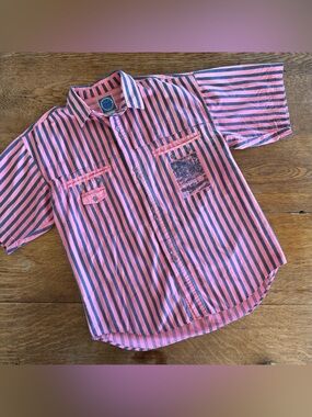 Vintage Bugle Boy Photo Patch Surf Striped Button-Down Shirt